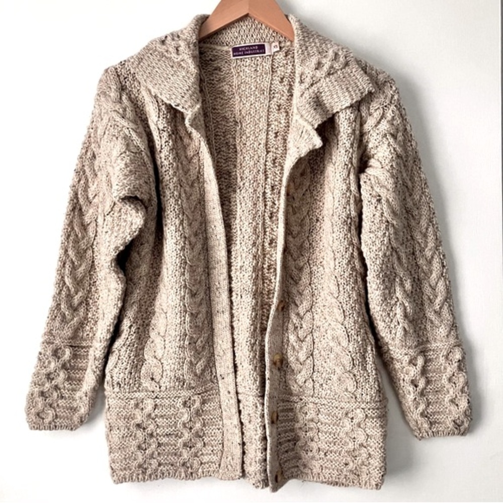 Cable Knit Wool Cardigan Sweater Fisherman Vintage Highland Home Industries